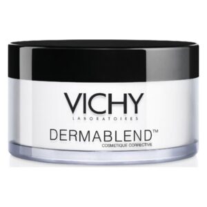 Vichy Dermablend Gesichtspflegecreme in einem runden, transparenten Behälter mit schwarzem Deckel.