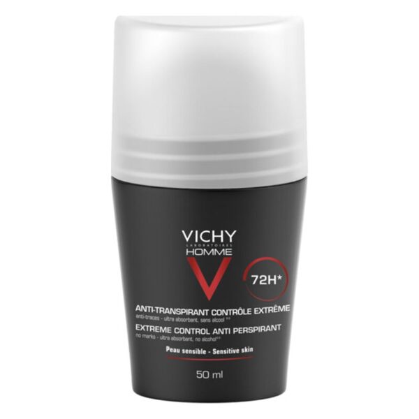 Schwarzer Roll-On-Deodorant von Vichy mit weißem Deckel, speziell für empfindliche Haut, 50 ml.