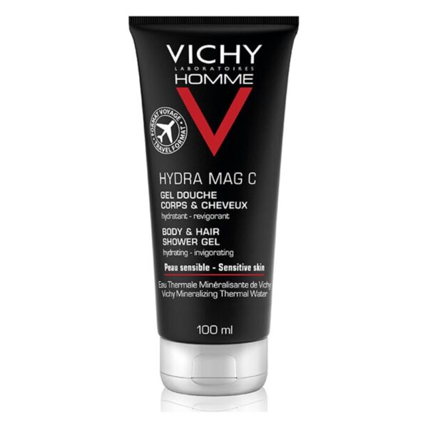 Schwarze Tube mit weißer und roter Schrift für ein Duschgel von Vichy für Körper und Haare, 100 ml.