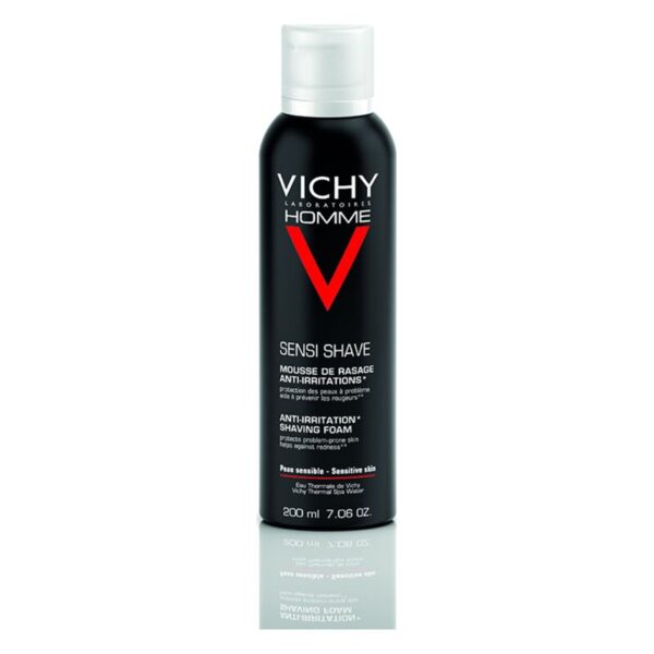 Schwarze Dose mit Rasierschaum für empfindliche Haut, Markierung "Vichy Homme" und Anti-Irritation Hinweis.
