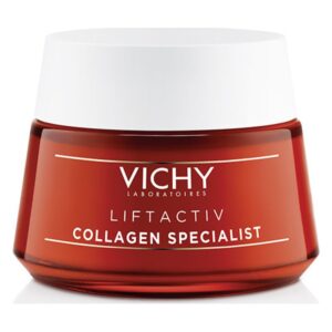 Tiegel mit runder Form und rotem Glas, beschriftet mit 'Vichy Liftactiv Collagen Specialist', weißem Deckel.