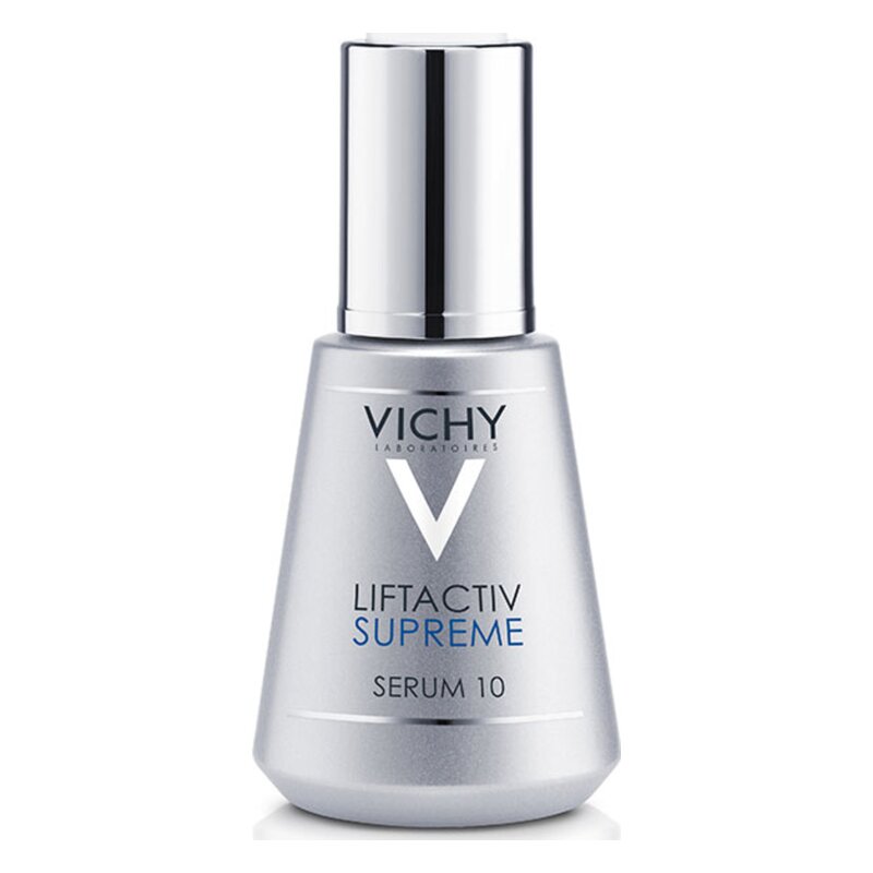 Silberner Flakon des Vichy Liftactiv Supreme Serums mit versiegeltem Pumpdeckel und blauer Schrift.