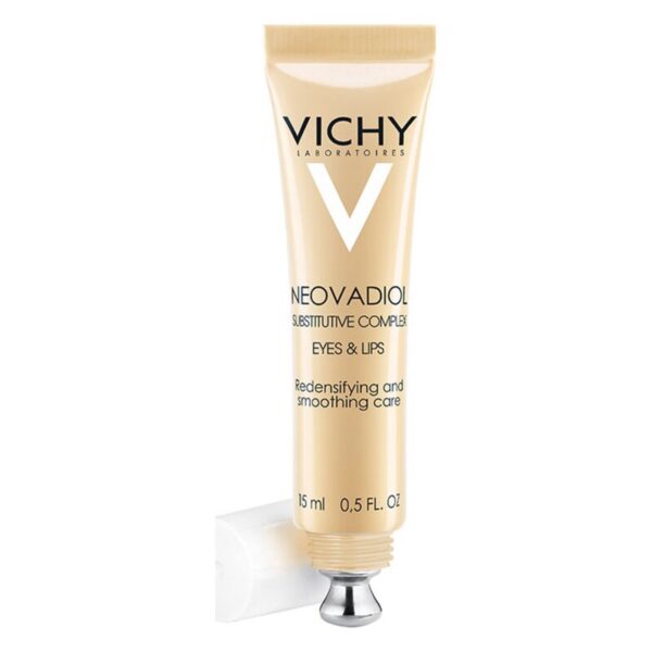 Tube mit 15 ml Vichy Neovadiol Pflege für Augen und Lippen, beige Verpackung, glättende und festigende Wirkung.