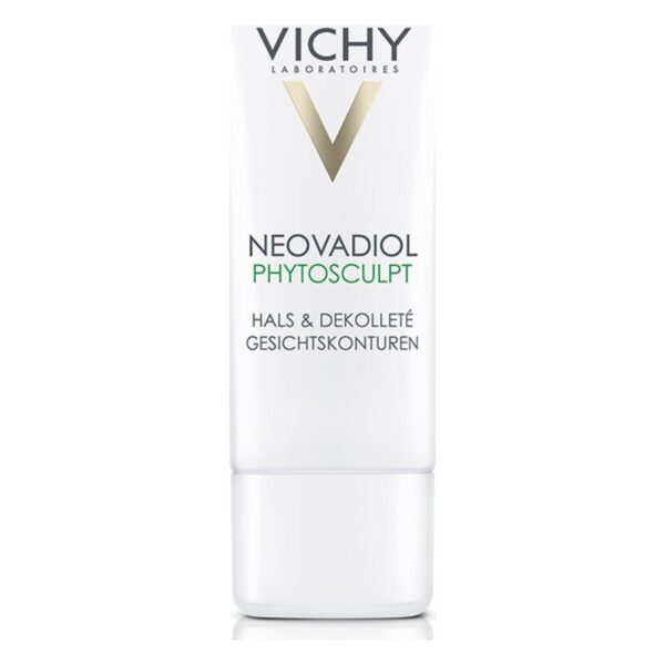 Weißer Pump-Flakon für Vichy Neovadiol Phytosculpt zur Konturierung von Hals und Dekolleté.