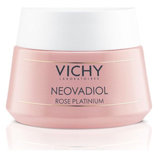 Rosa Creme-Behälter mit weißem Deckel von Vichy, beschriftet mit NEOVADIOL ROSE PLATINIUM.