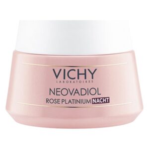 Vichy Neovadiol Rose Platinum Nachtcreme in einem rosa Tiegel mit weißem Deckel.