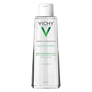 Flasche mit Vichy Normaderm Mizellen Reinigungsfluid 3 in 1 für unreine und empfindliche Haut, 200 ml.