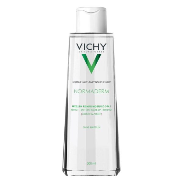 Flasche mit Vichy Normaderm Mizellen Reinigungsfluid 3 in 1 für unreine und empfindliche Haut, 200 ml.