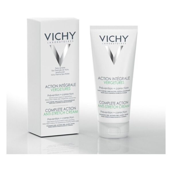Vichy Anti-Stretch Cream in einer weißen Verpackung mit grünem Text, die vor und nach der Anwendung zeigt.