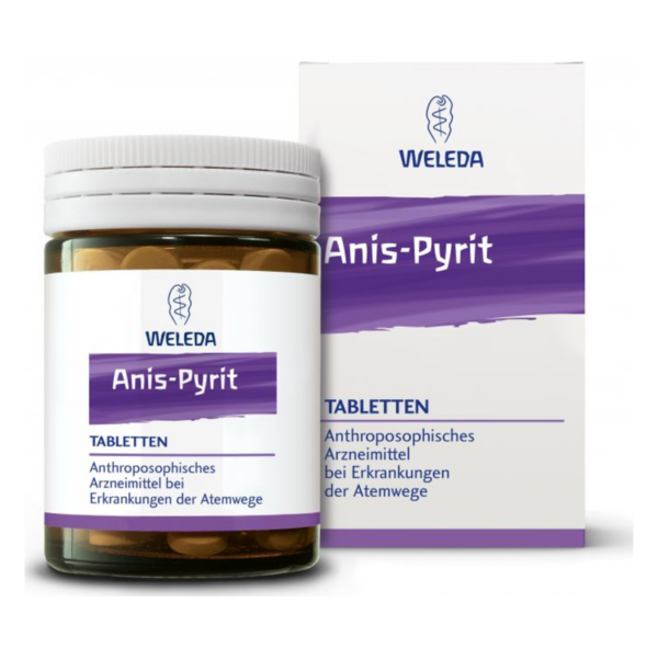 Glasbehälter mit runden Tabletten und einer weißen Verpackung, beschriftet mit Anis-Pyrid, Weleda, für Atemwegserkrankungen.