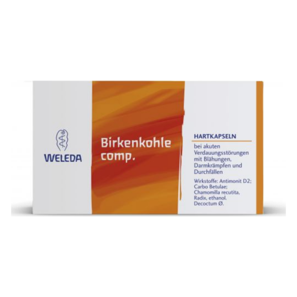 Packung von Weleda Birkenkohle comp. mit Hartkapseln zur Unterstützung bei Verdauungsstörungen.
