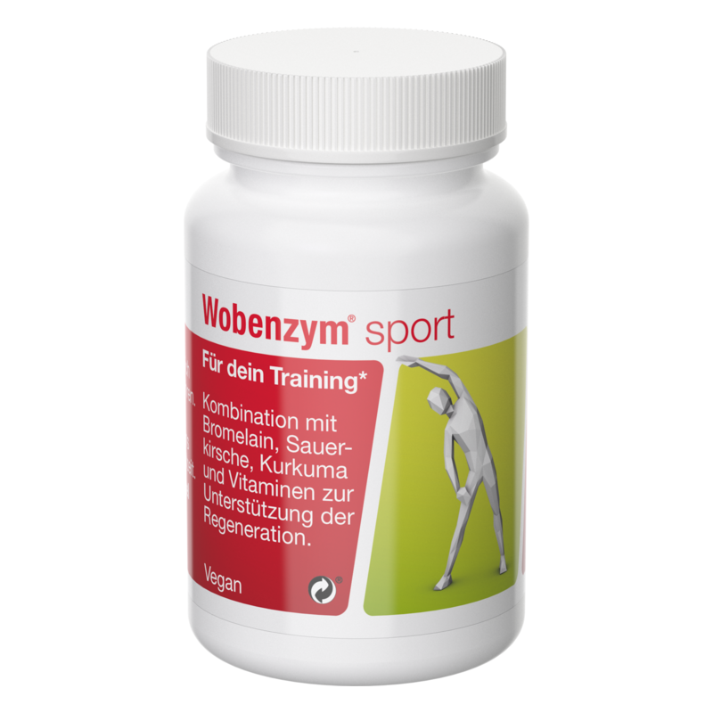 Weißes Fläschchen mit Schraubverschluss und roter Etikette, das Wobenzym sport und dessen Inhaltsstoffe anzeigt.