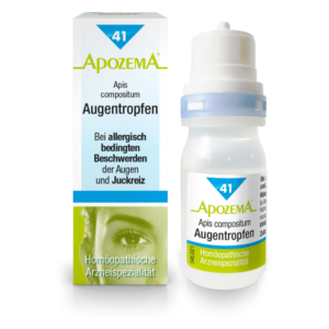 Augentropfen in einer weißen Flasche mit einer blauen Kappe, verpackt in einem informativen Kasten mit Gesundheitsangaben.