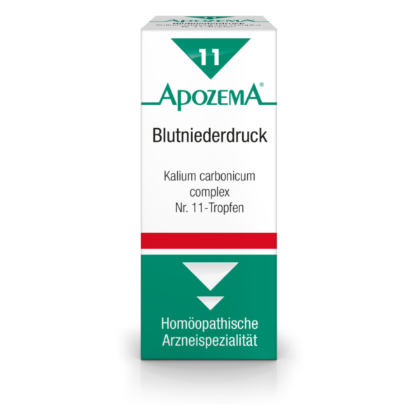 Verpackung von ApozemA Blutniederdruck mit Hinweis auf Kalium carbonicum und homöopathische Spezialität.