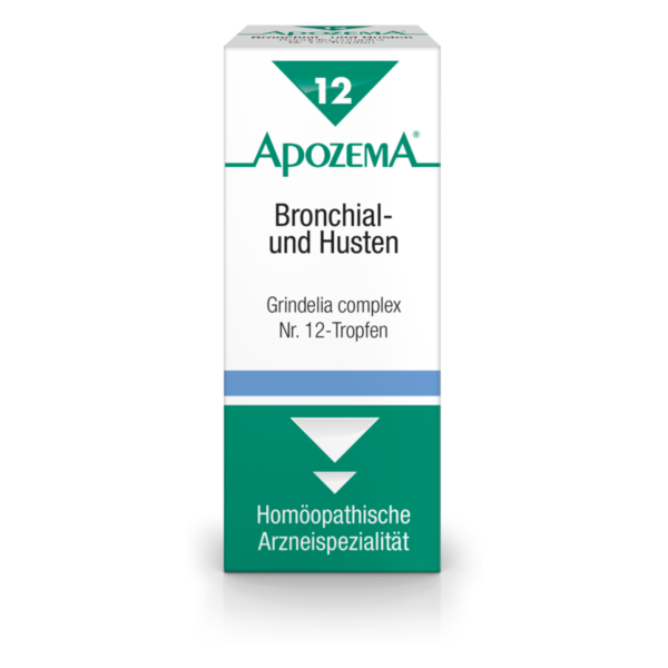 Packung der homöopathischen Arzneimittel ApozemA Grindelia complex Nr. 12-Tropfen für Bronchial- und Hustenbeschwerden.