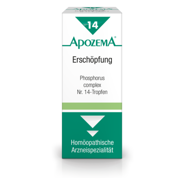Packung mit homöopathischen Tropfen gegen Erschöpfung, grün-weiße Gestaltung, mit wichtiger Produktinformation.