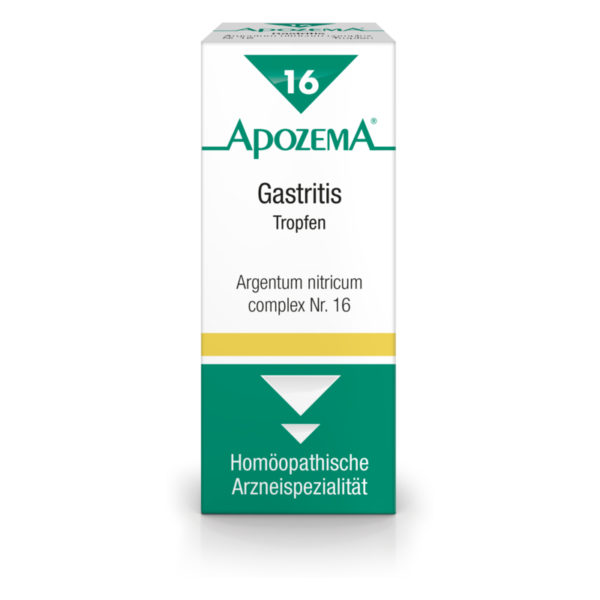 Packung mit homöopathischen Tropfen gegen Gastritis, zeigt grüne und gelbe Farben mit dem Hinweis auf die Inhaltstoffe.