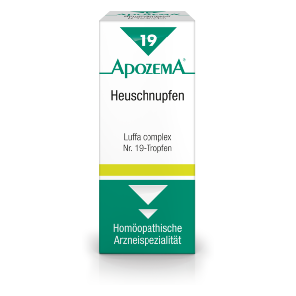 Kartonverpackung mit dem Aufdruck "ApozeMA Heuschnupfen" und "Luffa complex Nr. 19-Tropfen" in grüner und weißer Farbe.