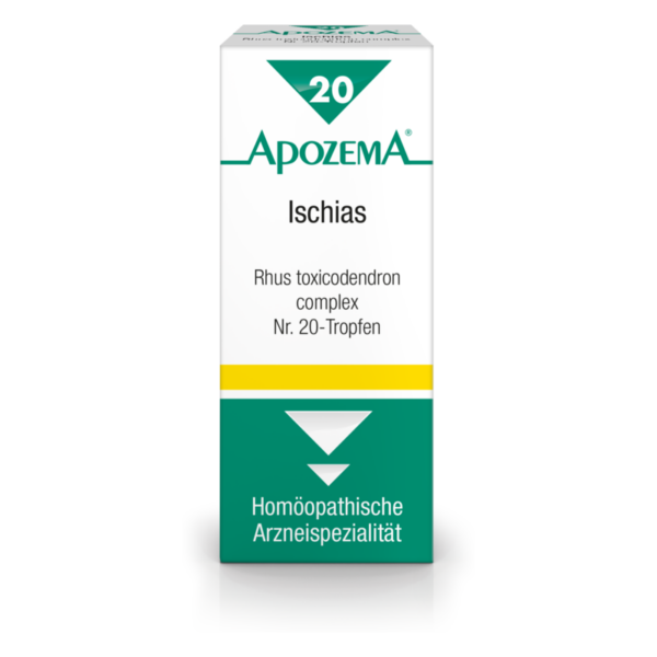 Verpackung von Apozema Ischias, homöopathische Tropfen mit Rhus toxicodendron, in einer schmalen, weißen Box.