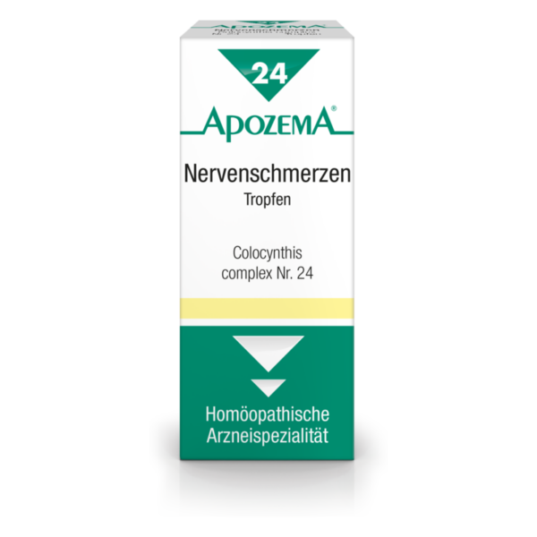 Packung für homöopathische Tropfen gegen Nervenschmerzen, mit grünem und weißem Design sowie gelber Markierung.