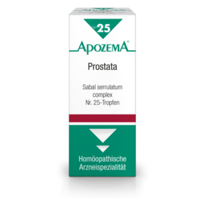 Schachtel mit homöopathischen Tropfen für Prostata, mit Angaben zu Inhaltsstoffen und Anwendungshinweisen.