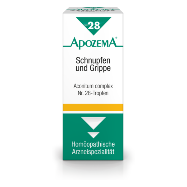 Packung mit Apozema Tropfen für Schnupfen und Grippe, weiß mit grünen und gelben Elementen, homöopathische Arzneispezialität.