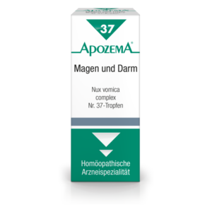 Eine Verpackung der ApozeMA 37-Tropfen für Magen und Darm mit homöopathischer Arzneispezialität.