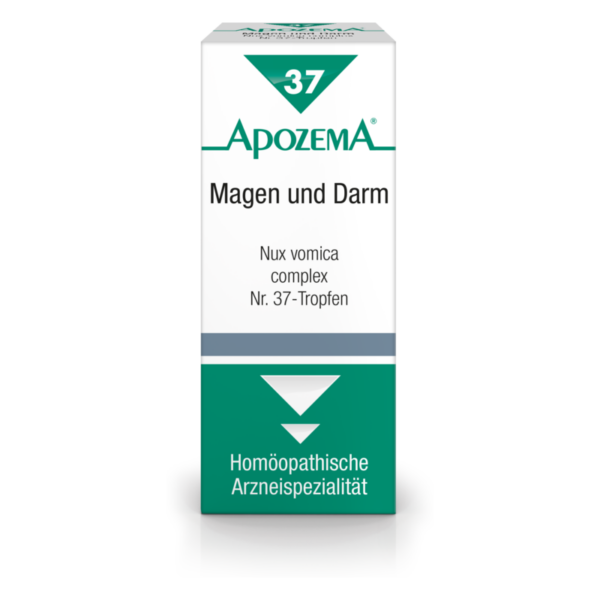 Eine Verpackung der ApozeMA 37-Tropfen für Magen und Darm mit homöopathischer Arzneispezialität.