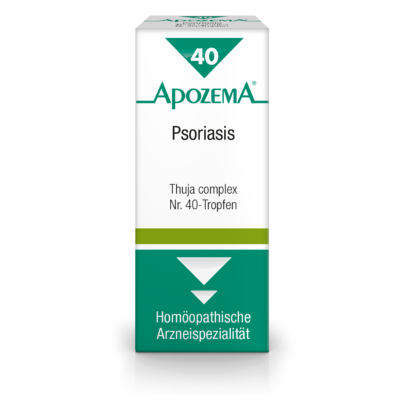 Packung mit homöopathischen Tropfen zur Behandlung von Psoriasis, beschriftet mit Thuja complex Nr. 40.