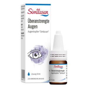 Augentropfen von Similasan für überanstrengte Augen in einer Flasche mit 10 ml und einem Verpackungsdesign mit einem Auge.