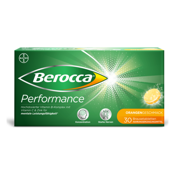 Verpackung von Berocca Performance mit orangefarbenem Geschmack, enthält Vitamine und Mineralstoffe für die Konzentration.