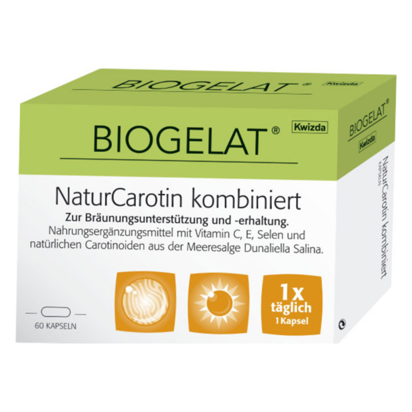 Verpackung des Nahrungsergänzungsmittels Biogelat NaturCarotin mit Kapseln zur Bräunungsunterstützung.