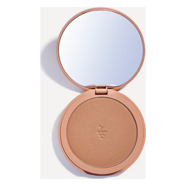 Runde Bronzer-Palette mit goldigem Puder und integriertem Spiegel im Deckel.