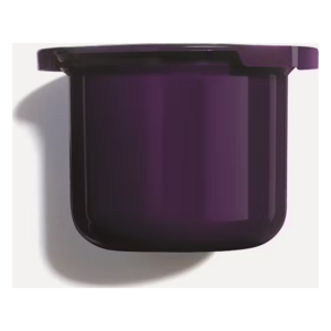 Runder, lila Behälter mit abgerundetem Deckel, auf weißem Hintergrund.