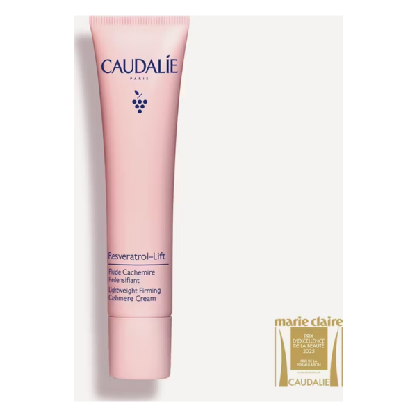 Rosa Tube mit der Bezeichnung Resveratrol-Lift von Caudalie, die eine aufflammende Cashmere-Creme anbietet.