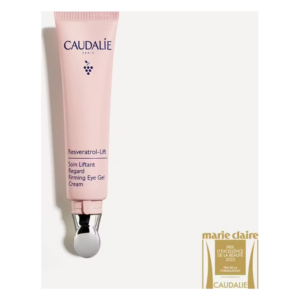 Rosa Tube der Caudalie Resveratrol-Lift Augencreme mit Kühlaufsatz und Auszeichnung von Marie Claire.