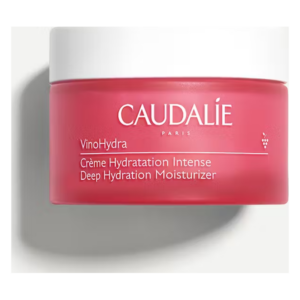 Rosa Cremebecher von Caudalie mit Deckel, auf dem Produktname und Beschreibung stehen.