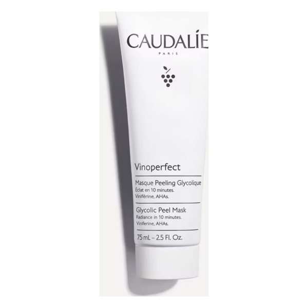Weiße Tube mit Glykolmaske von Caudalie, 75 ml, für strahlende Haut in 10 Minuten.