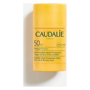 Gelber Sonnenschutzstick mit SPF 50 von Caudalie, geeignet für Gesicht und empfindliche Bereiche.