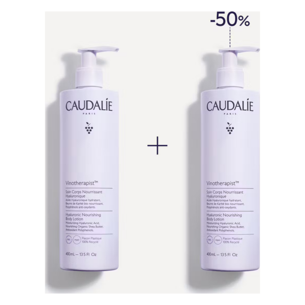 Zwei Flaschen CAUDALIE Vinotherapist™ Hyaluron-Reparaturlotion mit Pumpspender, 50% Rabatt angezeigt.