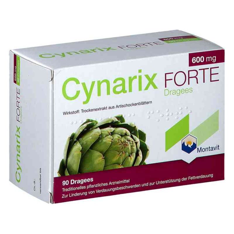 Verpackung von Cynarix FORTE Dragees, 600 mg, mit Artischockenextrakt für die Verdauung.