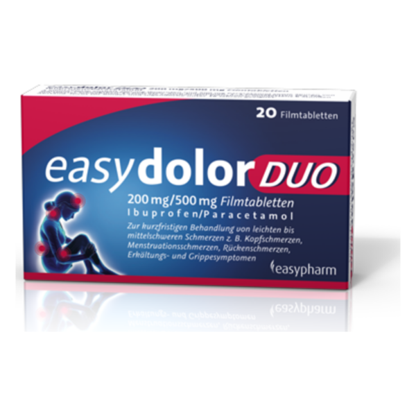 Verpackung von easy dolor DUO, Filmtabletten mit Ibuprofen und Paracetamol zur Behandlung von Schmerzen.