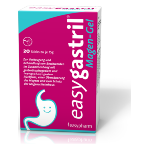 Verpackung von easygastril Magen-Gel in einer Schachtel mit 20 Sticks zur Behandlung von Magenbeschwerden.