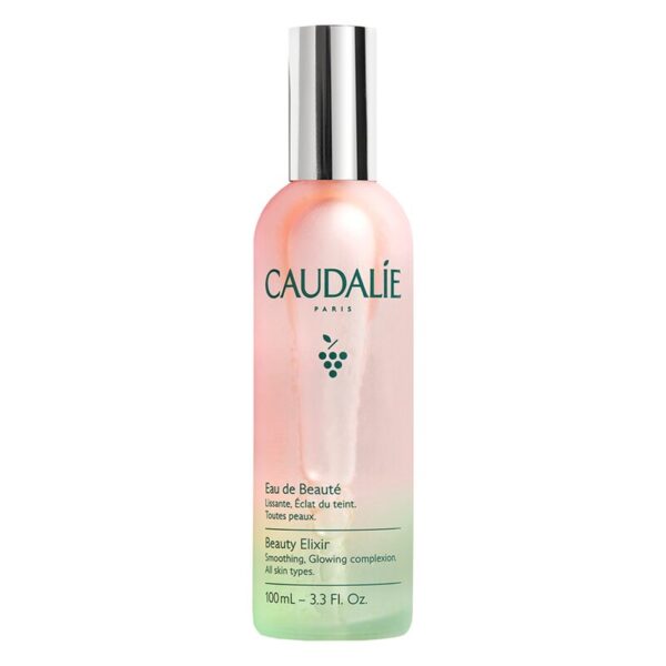 Flasche mit Eau de Beauté von Caudalie, halbtransparent in Pink und Grün, mit silberner Kappe, Inhalt 100ml.