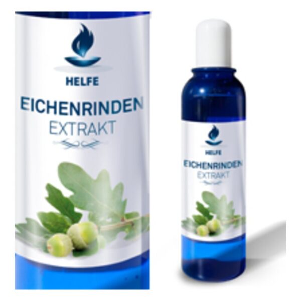 Eine Flasche mit Eichenrindenextrakt, umgeben von Eichenblättern und Eicheln, in blauer Verpackung.