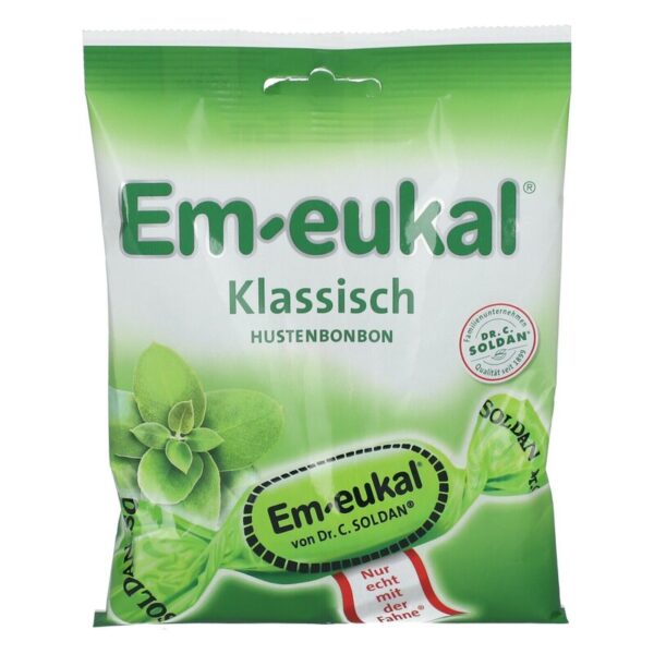 Verpackung von Em-eukal Hustenbonbons in grünem Design mit dem Hinweis auf die Geschmacksrichtung 'Klassisch'.