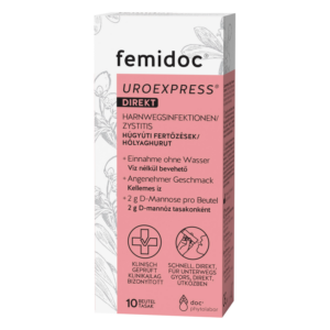Verpackung von femidoc UROEXPRESS, einem Produkt zur Behandlung von Harnwegsinfektionen, mit Informationen zur Einnahme ohne Wasser.