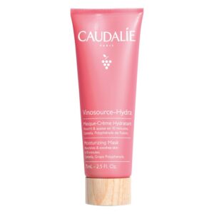 Rosa Tube mit einer Feuchtigkeitsmaske von Caudalie, enthält Inhaltsstoffe wie Centella und Traubenpolyphenole.