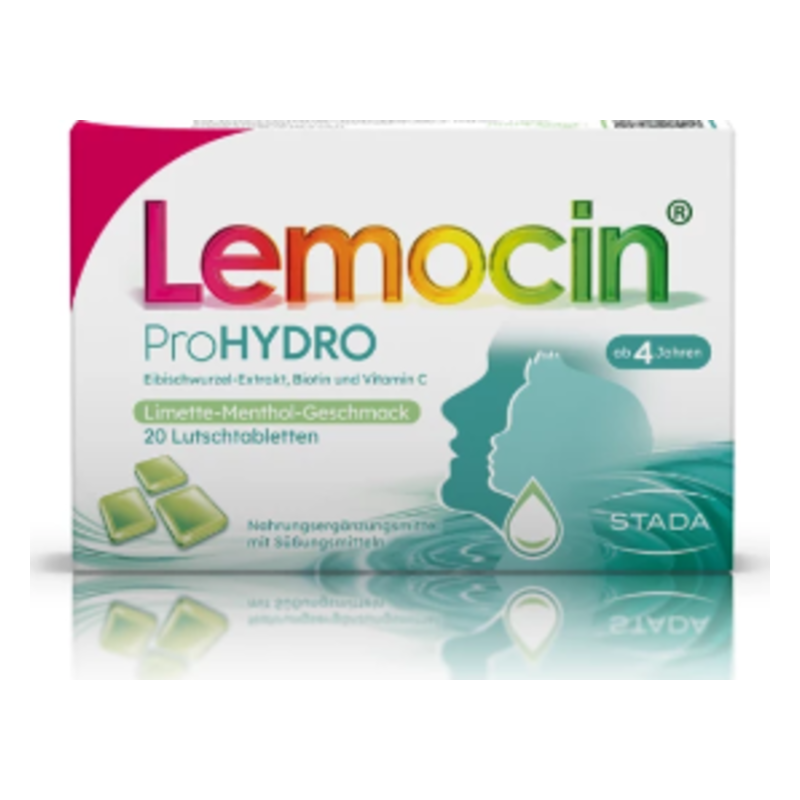 Verpackung von Lemocin ProHYDRO mit limette-menthol Geschmack, enthält 20 Lutschtabletten.