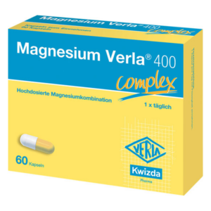 Verpackung von Magnesium Verla 400 complex, gelbe Box mit blauen Akzenten und Kapselabbildung.
